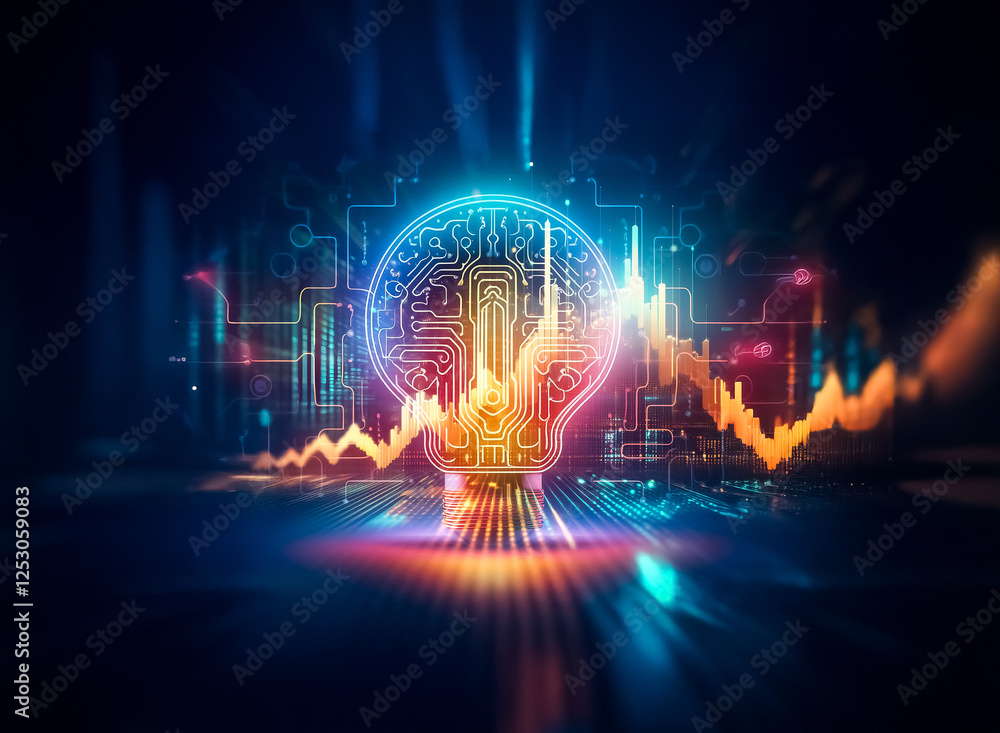 Fototapete glowing digital lightbulb with circuit patterns shines brightly against a dark backdrop. futuristic 