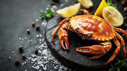 Freshly cooked crab served on a wooden board with lemon and spices