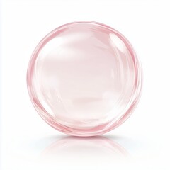 A realistic illustration of a translucent pink bubble, detailed with soft reflections and delicate highlights, appearing perfectly round and glossy, placed on a clean white background.