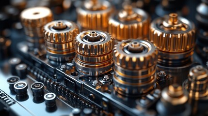 Close-up intricate gold gears mechanism