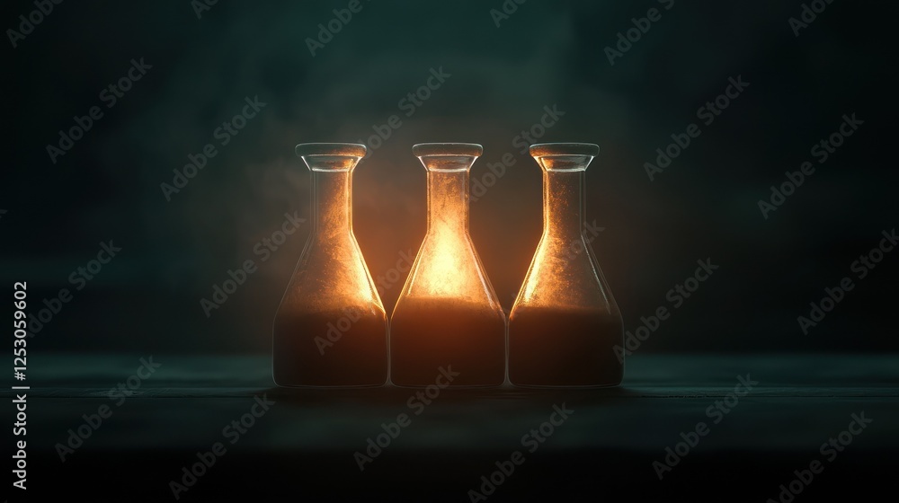 Poster three glass bottles illuminated from within, casting a warm glow. the dark background creates a myst