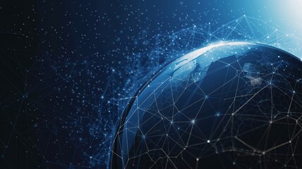 Abstract digital globe with interconnected lines against a cosmic backdrop of blue tones.
