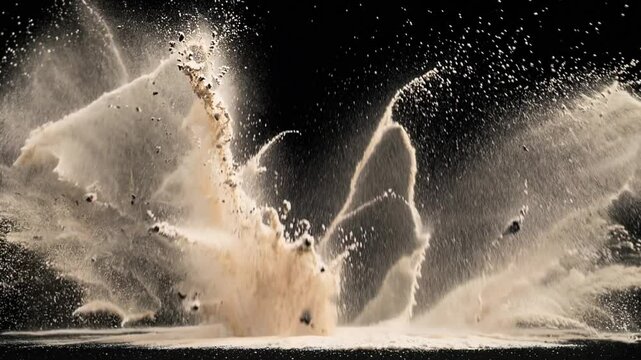 Abstract Sand Powder Explosion | Isolated on Black Background | Dynamic Dust Burst in Motion | Fine Particles Scattering | Earthy Tones and Textured Cloud | Dramatic High-Speed Impact | Mesmerizing