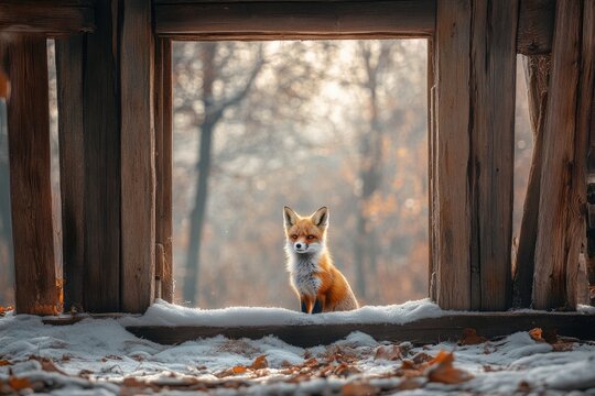 A red fox sits calmly in a snow-covered wooden window frame, gazing serenely at the winter forest.