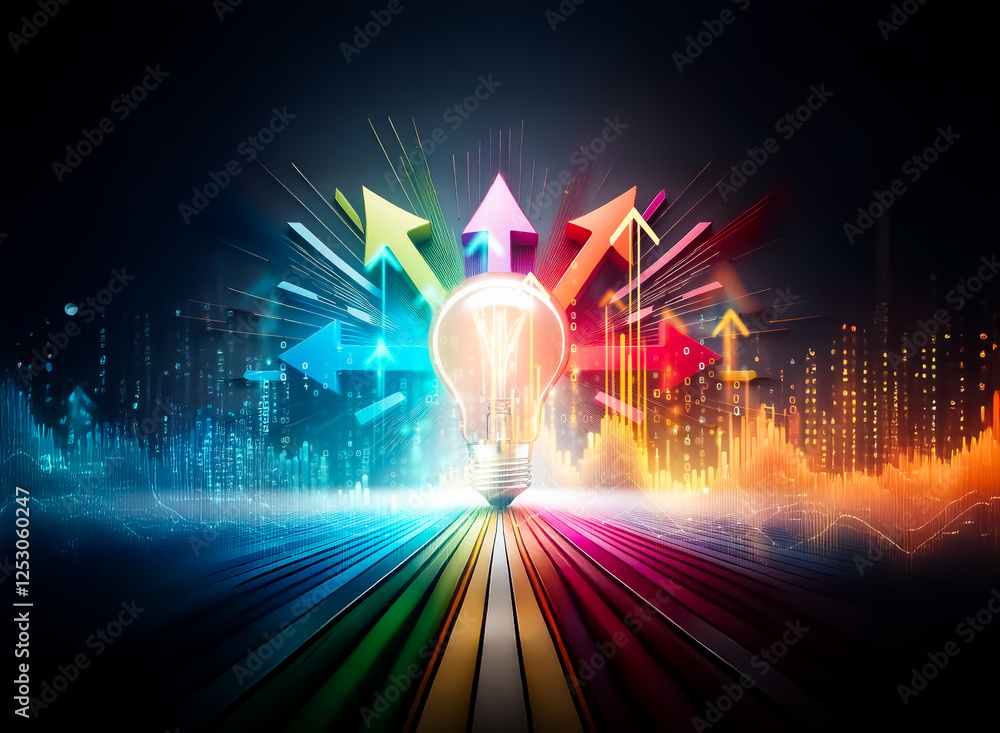 Poster A bright lightbulb emanates glowing rays and colorful arrows pointing upwards against a dark backdrop with vibrant city skyline silhouette.  Concept of innovation and growth.