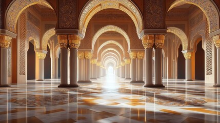 Majestic interior of an ornate palace with intricate arches and polished marble flooring