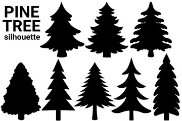 Set of different silhouette of pine trees isolated on white background. 8 pine trees vector in black icon. Design for christmas elements, packaging, and christmas wallpaper. Simple pine trees vector
