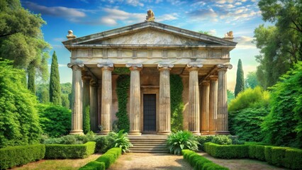 Fototapeta premium Ancient Greek temple facade with intricate Corinthian columns and ornate arches amidst lush greenery, ancient greece, corinthian columns