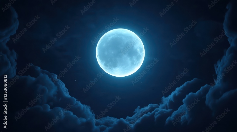 Poster a captivating view of a bright blue moon shining through dark clouds, creating a mysterious and ench