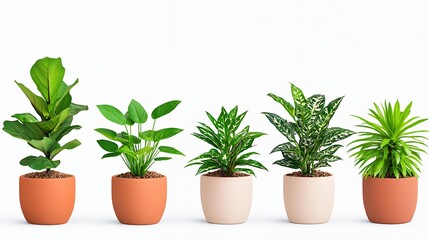Obraz premium Variety Of Potted Houseplants In Terracotta And Cream Pots On White Background