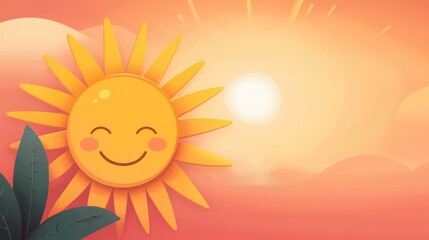 A cheerful, cartoon-style sun shining brightly in a vibrant orange sky, set against soft clouds. Ideal for conveying warmth, positivity, and outdoor themes.