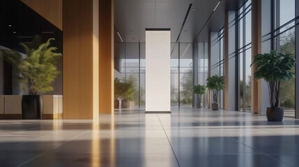 In a sleek, contemporary lobby, a white roll-up banner template stands tall under warm sunlight, creating a perfect blank canvas for advertising. Surrounding greenery adds a touch of nature