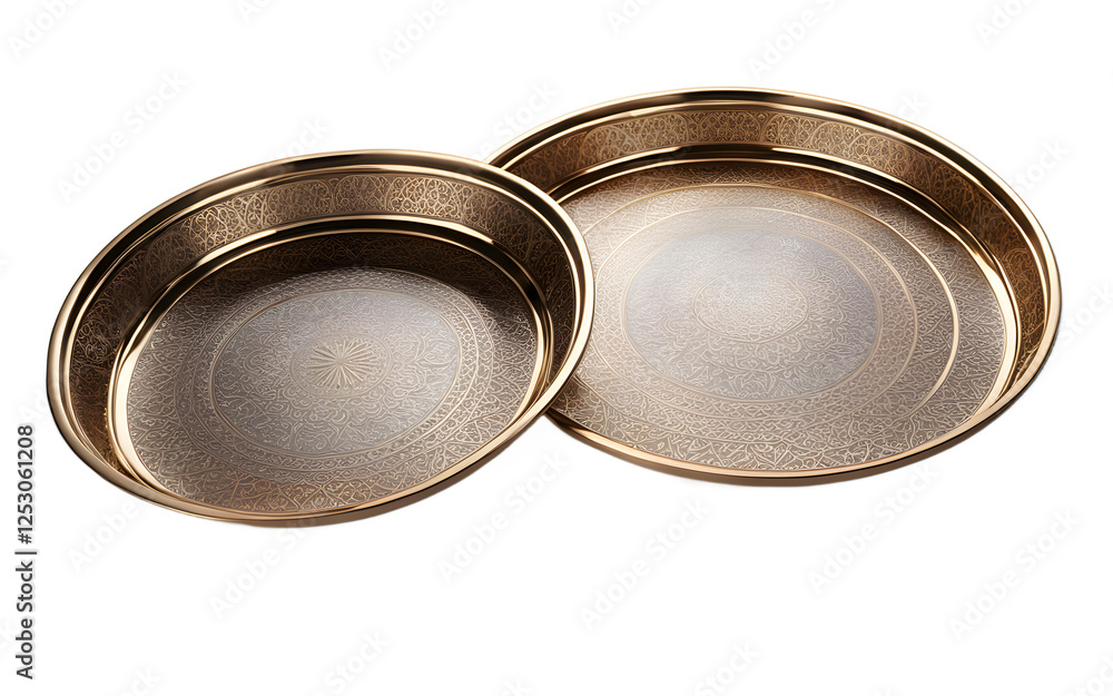 Poster A set of two decorative metal trays with intricate patterns on a empty plain background