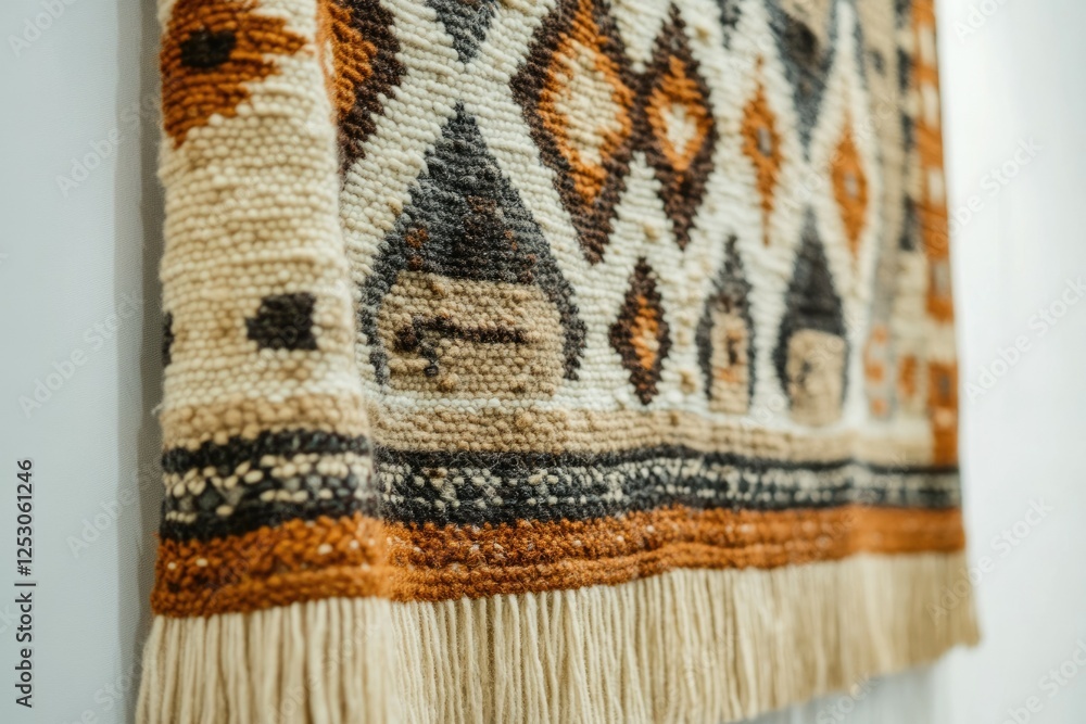 Poster handwoven tapestry with geometric patterns in earthy tones, featuring a fringed bottom.