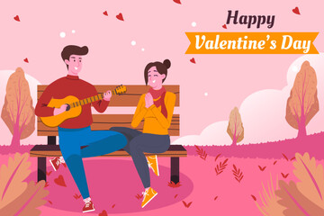 A Young Man in Love Sitting on a Park Bench Is Playing Guitar for His Girlfriend. Happy Romantic Couple in Relationship Celebrating Valentine’s Day