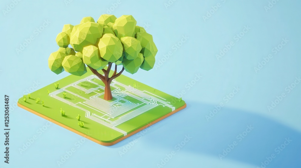 Aufkleber isometric 3d low poly style tree with simple geometry on a green base and blue background