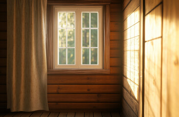 cozy interior view of wooden cabin featuring window with natural light streaming in, highlighting...