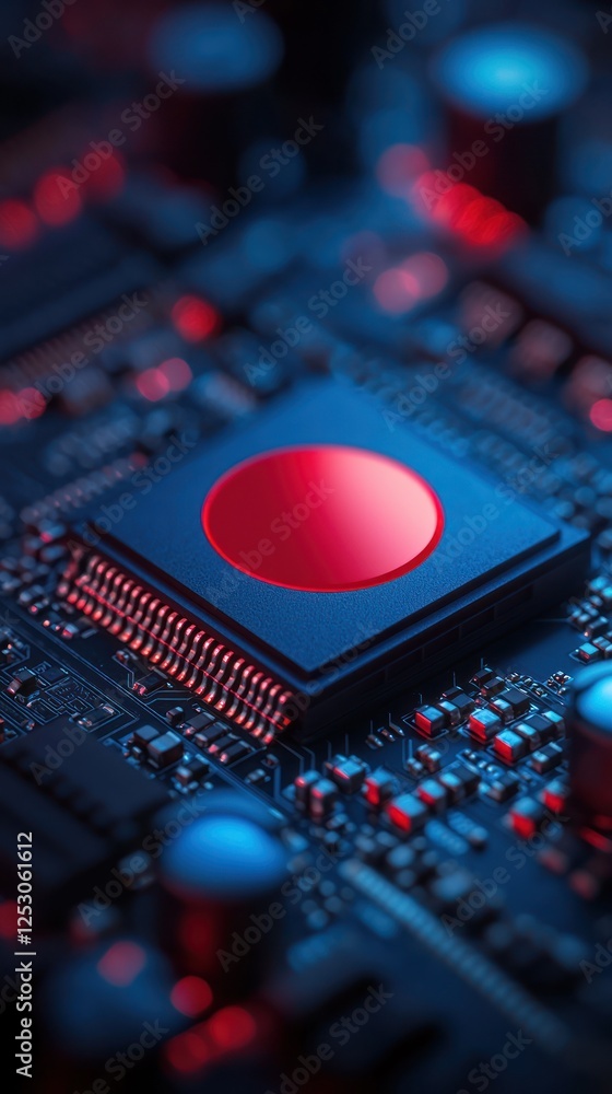 Poster a close-up of a vibrant red microprocessor set against a dark circuit board, illuminated by blue and