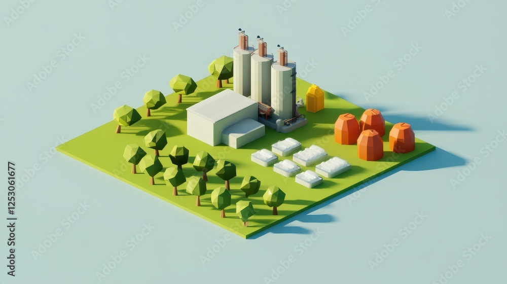 Poster isometric 3d low poly style representation of a factory environment with trees and buildings in a si