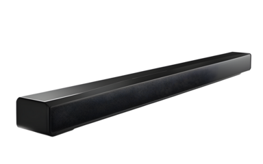 A sleek black soundbar with a minimalist design on a empty plain background