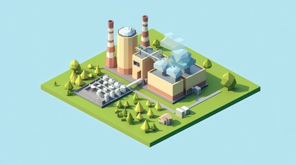 Isometric 3D Low Poly Style Depiction of a Factory with Chimneys and Green Landscape in a Minimalist Design