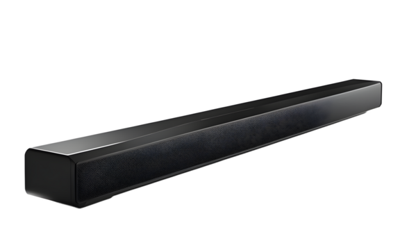 A sleek black soundbar with a minimalist design on a empty plain background