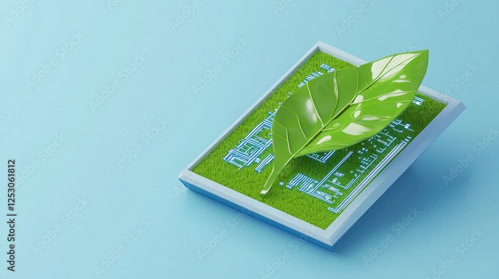 Aufkleber isometric 3d low poly depiction of green leaf on blueprint with grass background in low resolution f
