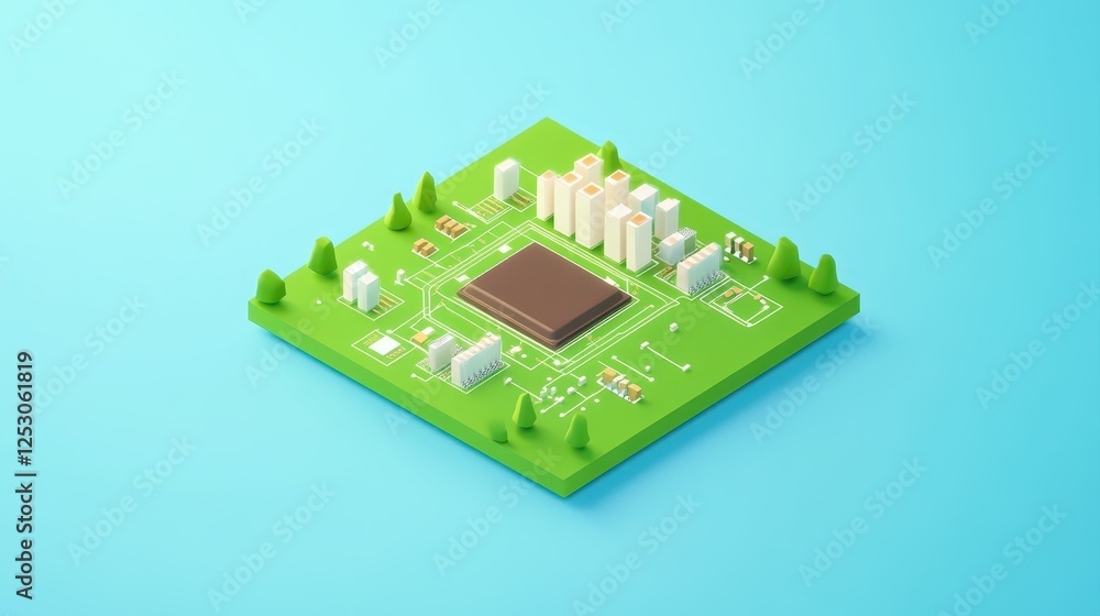 Poster isometric 3d low poly style depiction of a green circuit board with processor and stylized buildings