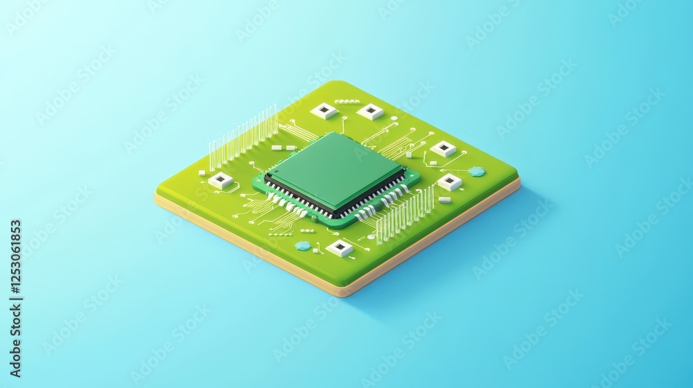 Poster isometric 3d low poly style depiction of green circuit board with microchip and electronic component