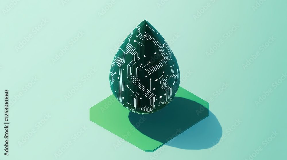 Poster isometric 3d low poly style depiction of a stylized green droplet with circuit patterns on a light b
