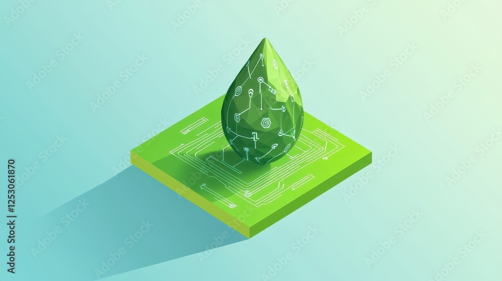 Poster isometric 3d low poly style depiction of a green leaf on a circuit board with tech elements and shad