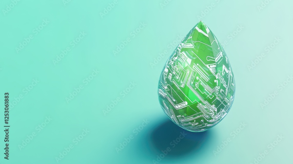 Poster isometric 3d low poly style depiction of a green water drop with circuit pattern background in clean