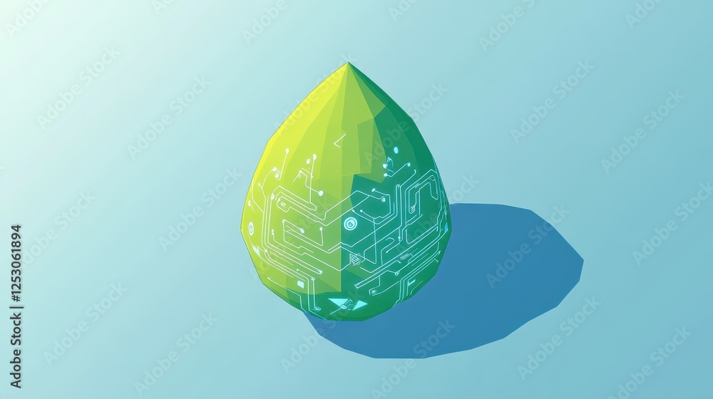 Poster isometric 3d low poly style depiction of a stylized green and yellow geometric object with circuit p