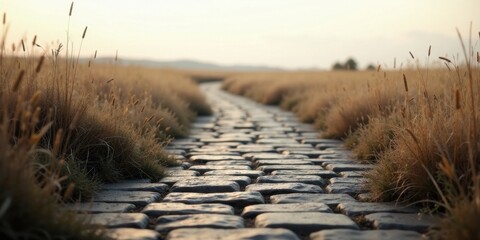 A winding stone path, bordered by tall grasses, extends towards a sun-drenched horizon, promising adventure and tranquility.