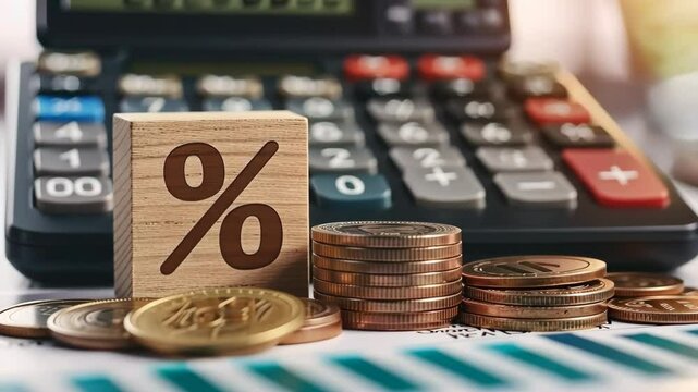 Tax season Taxation. Percent sign on wooden block, calculator, coins stack. Paperwork, financial research, report. Calculate tax return. Personal banking. Finance. Planning budget. Calculating expense