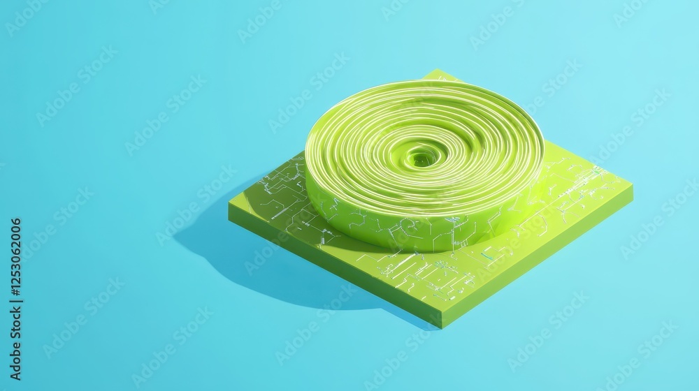 Poster isometric 3d low poly style depiction of green spiral object on square base with textured surface an