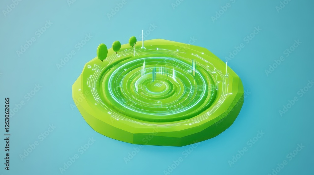 Aufkleber isometric 3d low poly style depiction of green spiraling landscape with trees and abstract features 