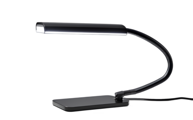 A sleek, minimalist LED desk lamp with a flexible neck on a empty plain background