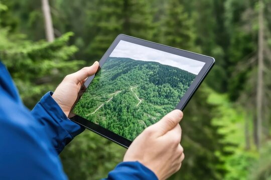 Person holding tablet displaying aerial view of a lush green forest.