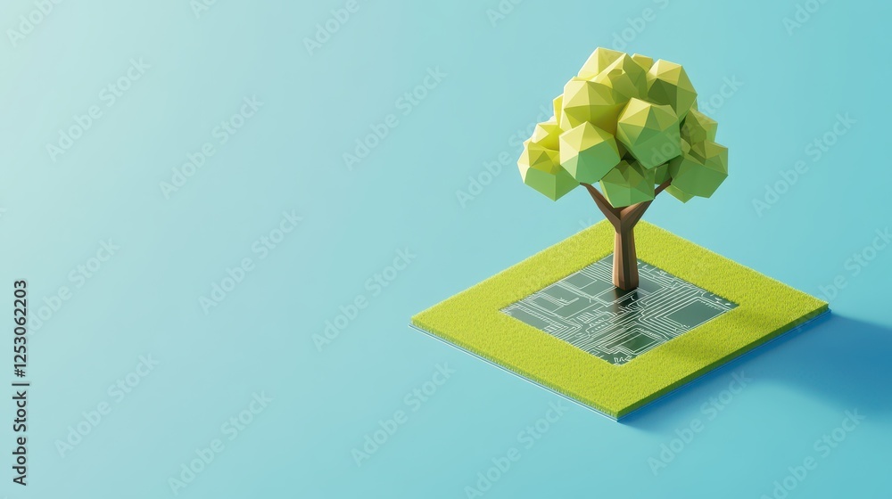 Poster isometric 3d low poly style depiction of stylized tree on geometric base with circuit board design f