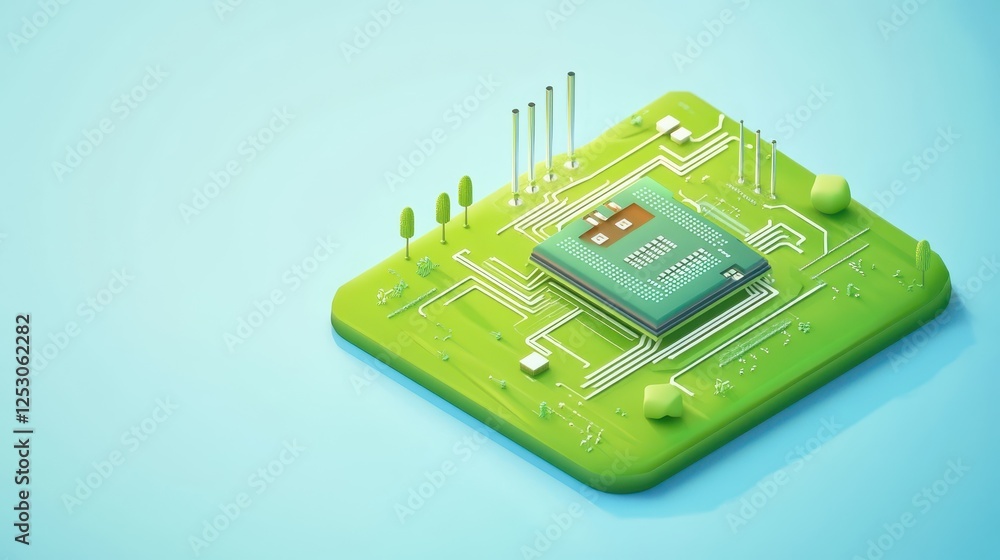 Poster isometric 3d low poly style depiction of a green circuit board and microchip with stylized nature el