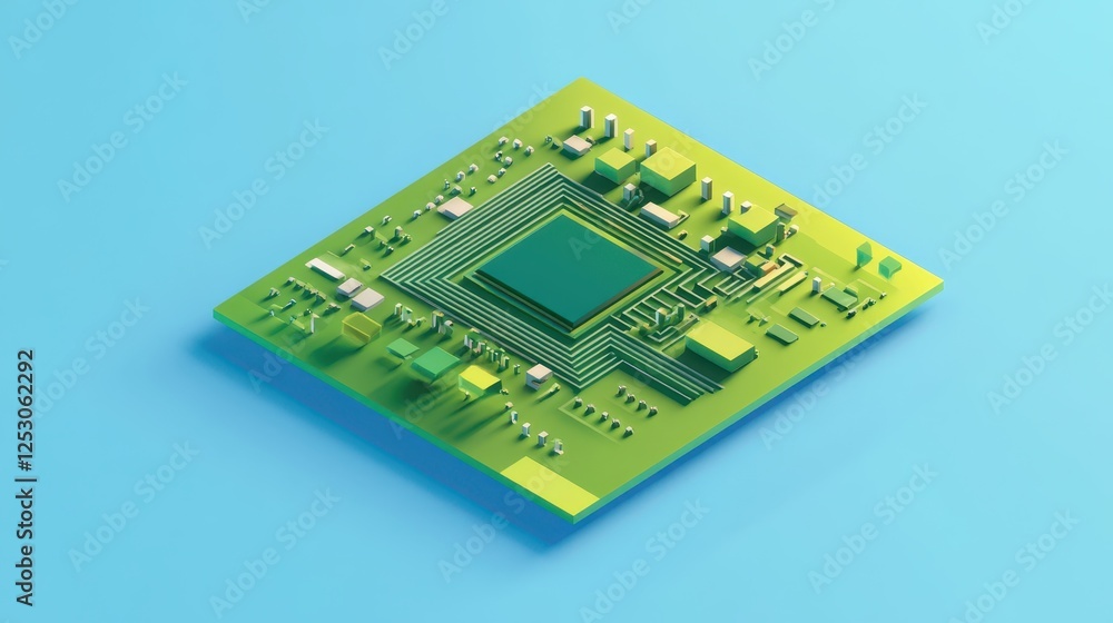 Poster isometric 3d low poly style depiction of stylized green computer chip on blue background for modern 