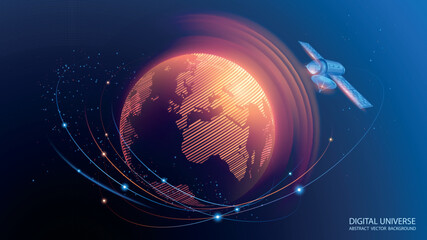 Dark blue vector background. Planet Earth. Abstract technological rings in the orbit of the planet. Global communication system and communication satellites. Religious image. The effect of movement.