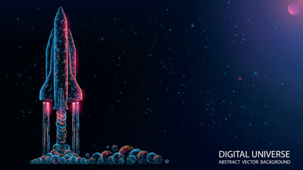 Vector illustration. Polygonal style. Technological abstract futuristic dark blue background. Spaceship launch from the cosmodrome. Future, technology and innovation. Satellite at the cosmodrome.