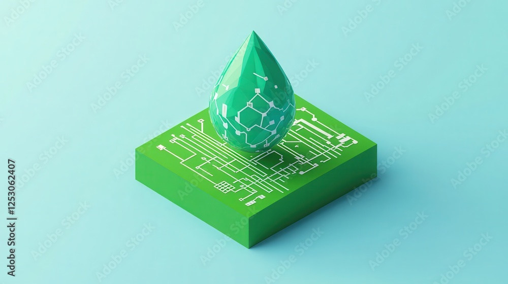 Poster isometric 3d low poly style representation of a green water drop on a layered circuit board design i