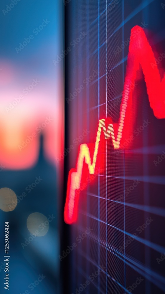 Poster a close-up view of a financial graph with a red upward trend. the blurred background features a suns