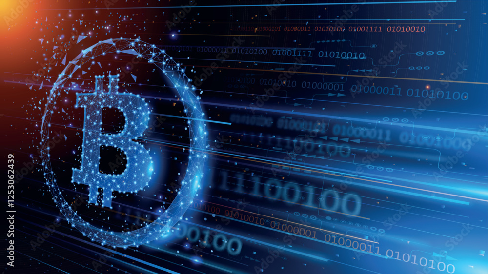 Poster abstract vector dark blue background in perspective. bitcoin. cryptocurrency mining and financial ex