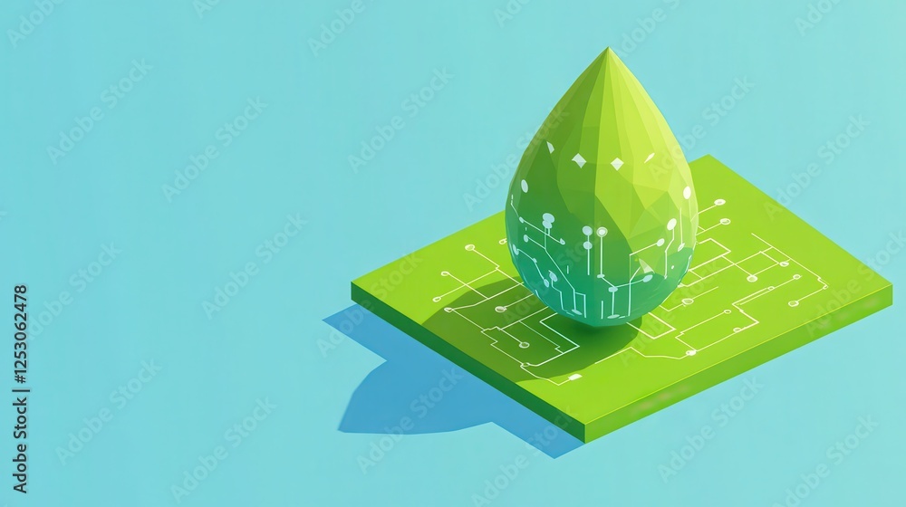 Poster isometric 3d low poly style depiction of green drop on square base with circuit pattern in low resol