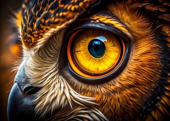 Majestic Owl Eye: Golden Iris, Black Pupil Close-Up - Wildlife Stock Photo