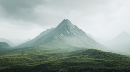 Majestic Mountain Landscape Enveloped in Fog With Rolling Green Hills and a Serene Atmosphere at Dawn
